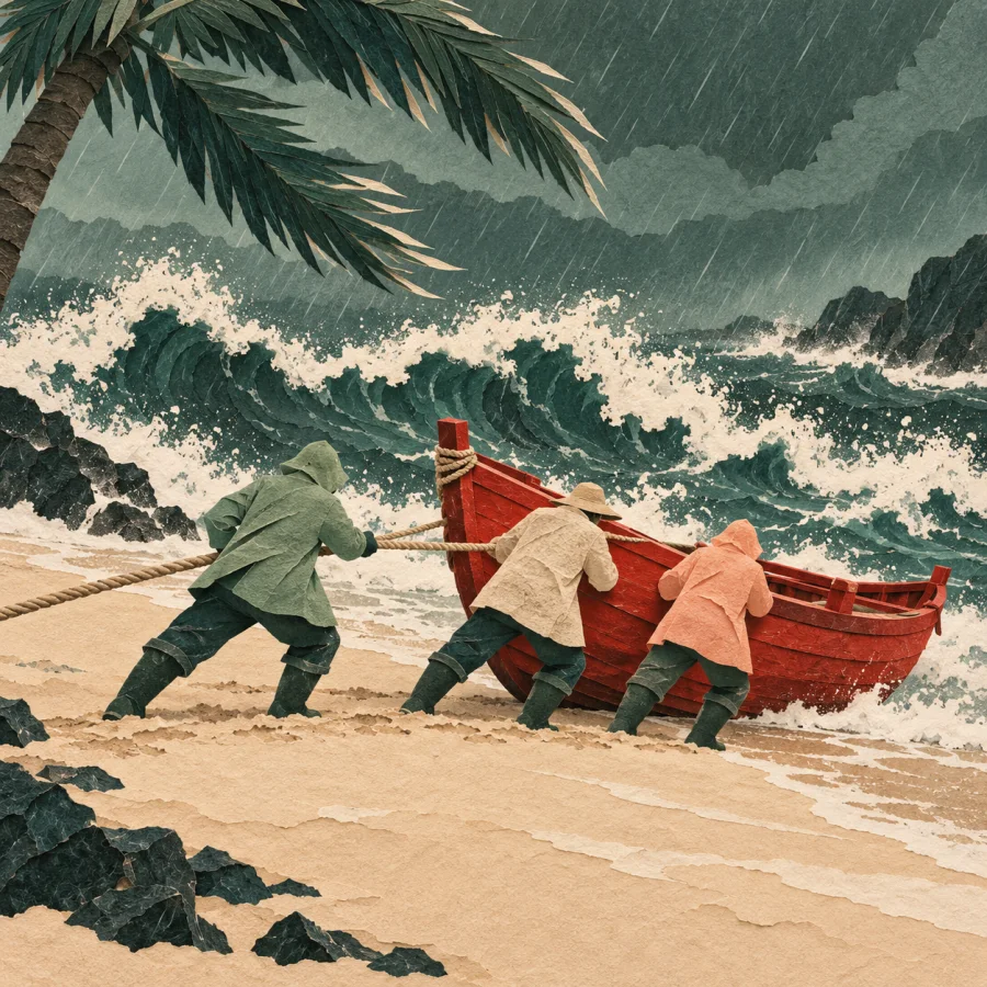 Рыбаки вытаскивают лодку на берег перед штормом