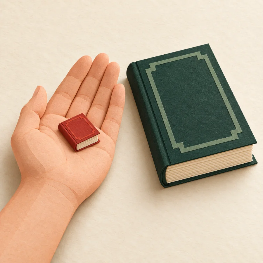 На раскрытой ладони маленькая книга рядом с обычной книгой
