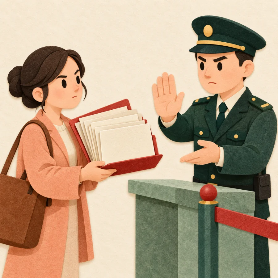 Посетитель с папкой документов у шлагбаума, охранник поднял ладонь