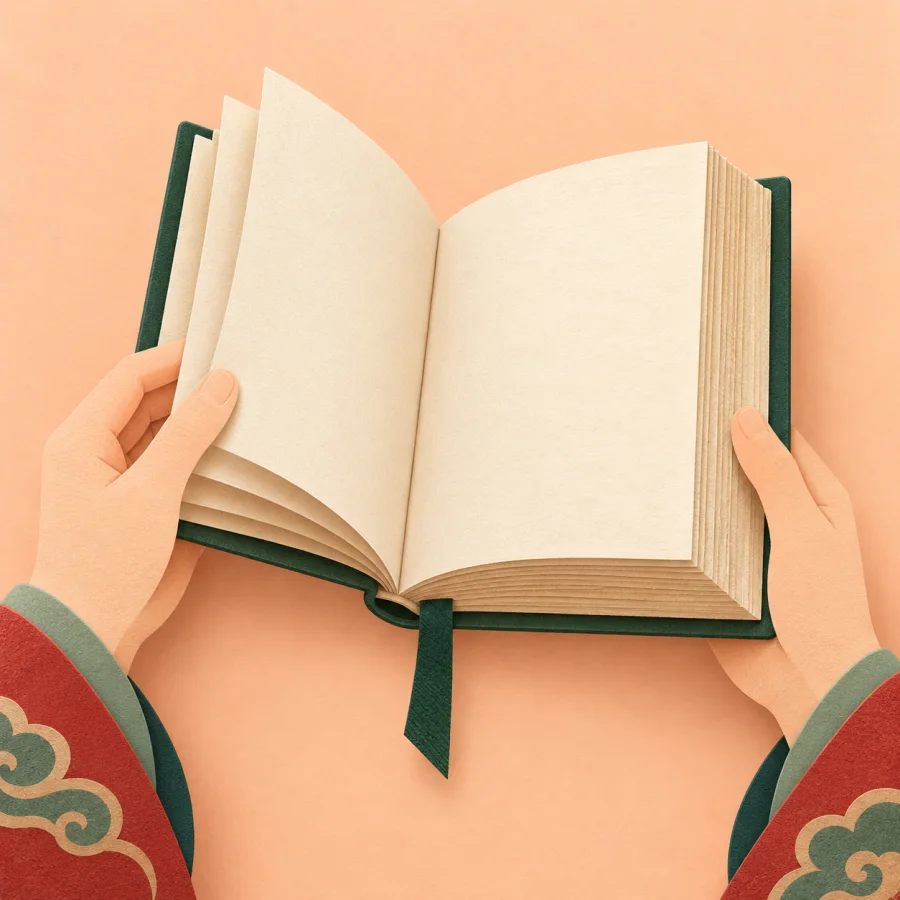 Человек раскрывает начало толстой книги с закладкой