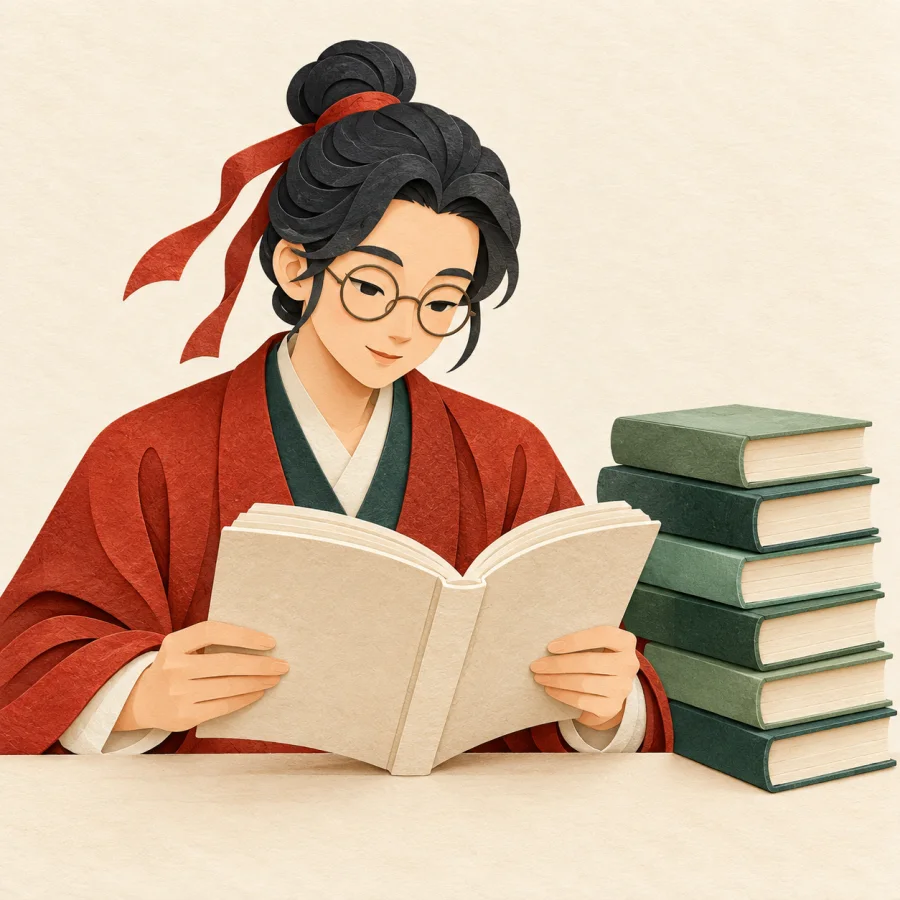Учёный в очках читает рядом со стопкой книг