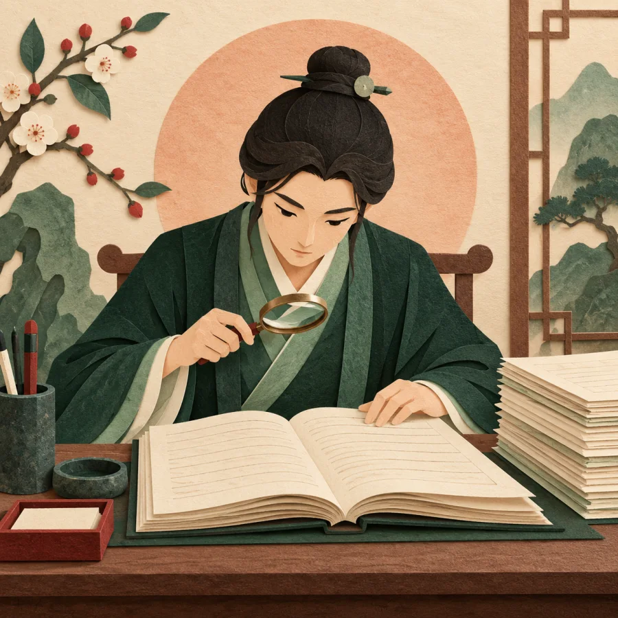 Клерк с лупой внимательно проверяет каждую строку в книге учёта