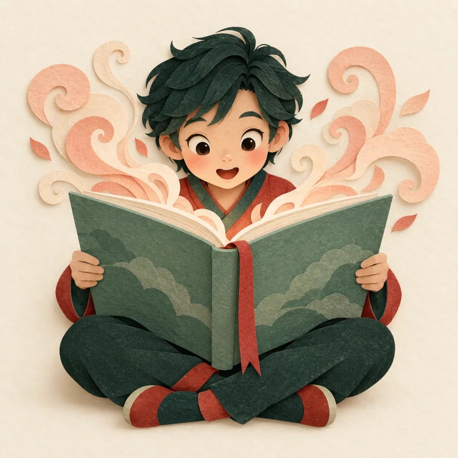 Читатель увлечённо читает большую раскрытую книгу с красной закладкой