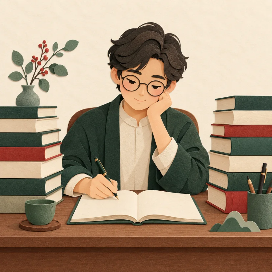 Человек в очках пишет статью за столом среди книг