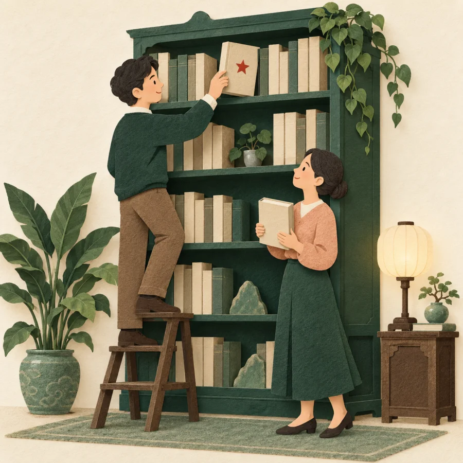 Человек берёт книгу с полки с надписью-звёздочкой без текста