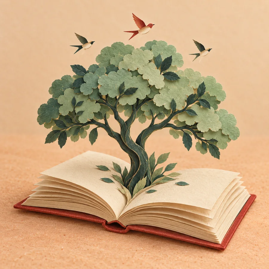 Из раскрытой кремовой книги растёт зелёное дерево