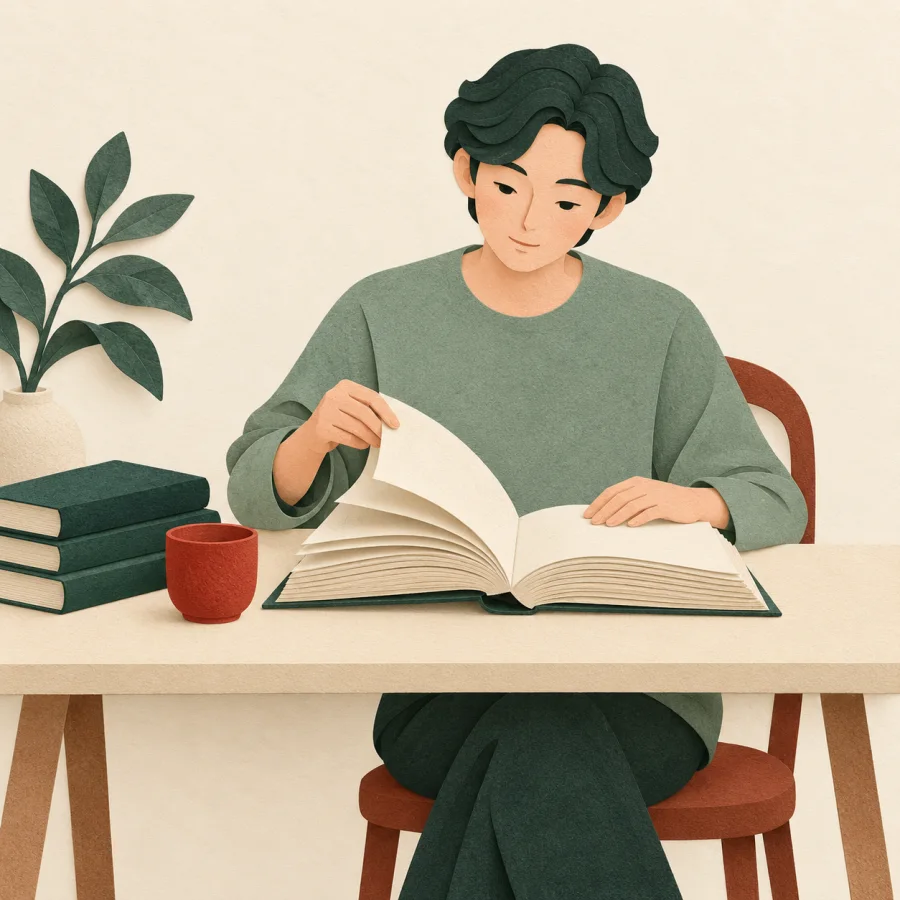 Редактор проверяет рукопись за столом с книгами