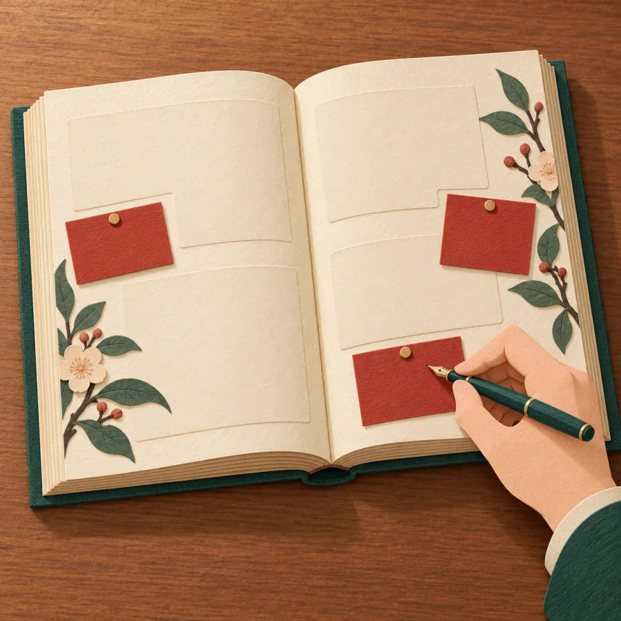 Рука пишет примечания рядом с раскрытой книгой на столе