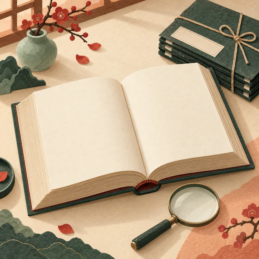 Толстая открытая книга с лупой рядом со стопкой архивных папок