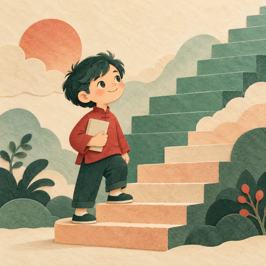 Ребёнок с книжкой стоит на нижней ступеньке большой лестницы