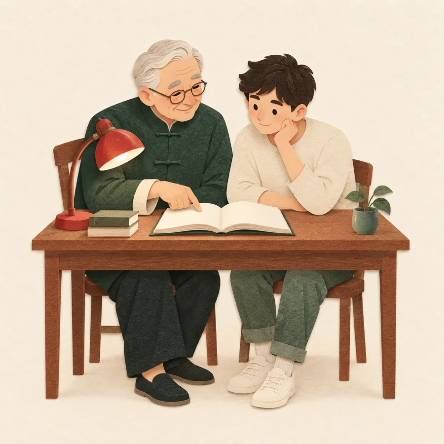 Старший человек показывает младшему на открытую книгу