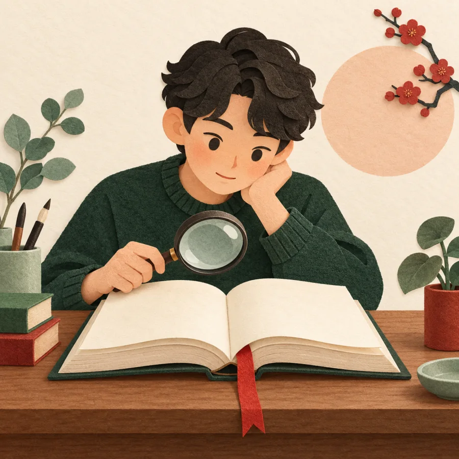 Человек с лупой над раскрытой книгой на столе