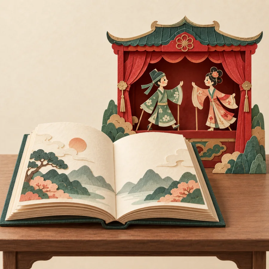Раскрытая книга рядом с маленьким бумажным театром
