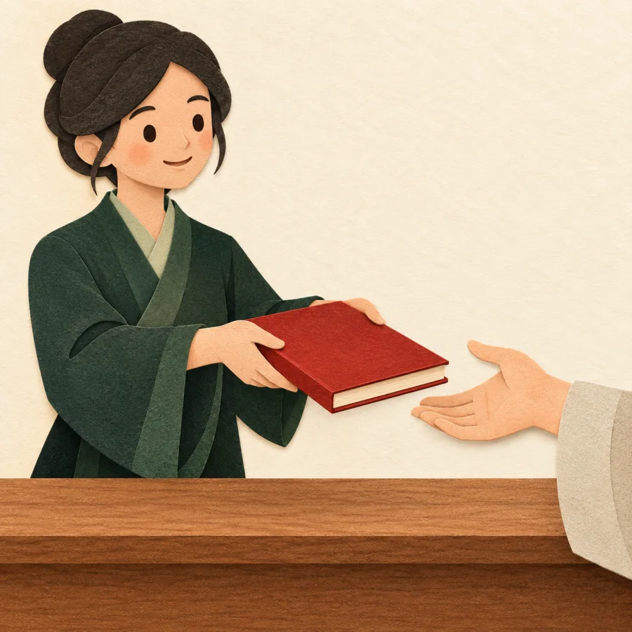 Человек передаёт красную книгу через стойку