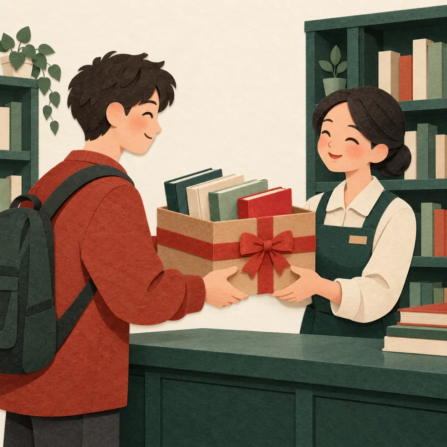 Человек передаёт коробку с книгами библиотекарю