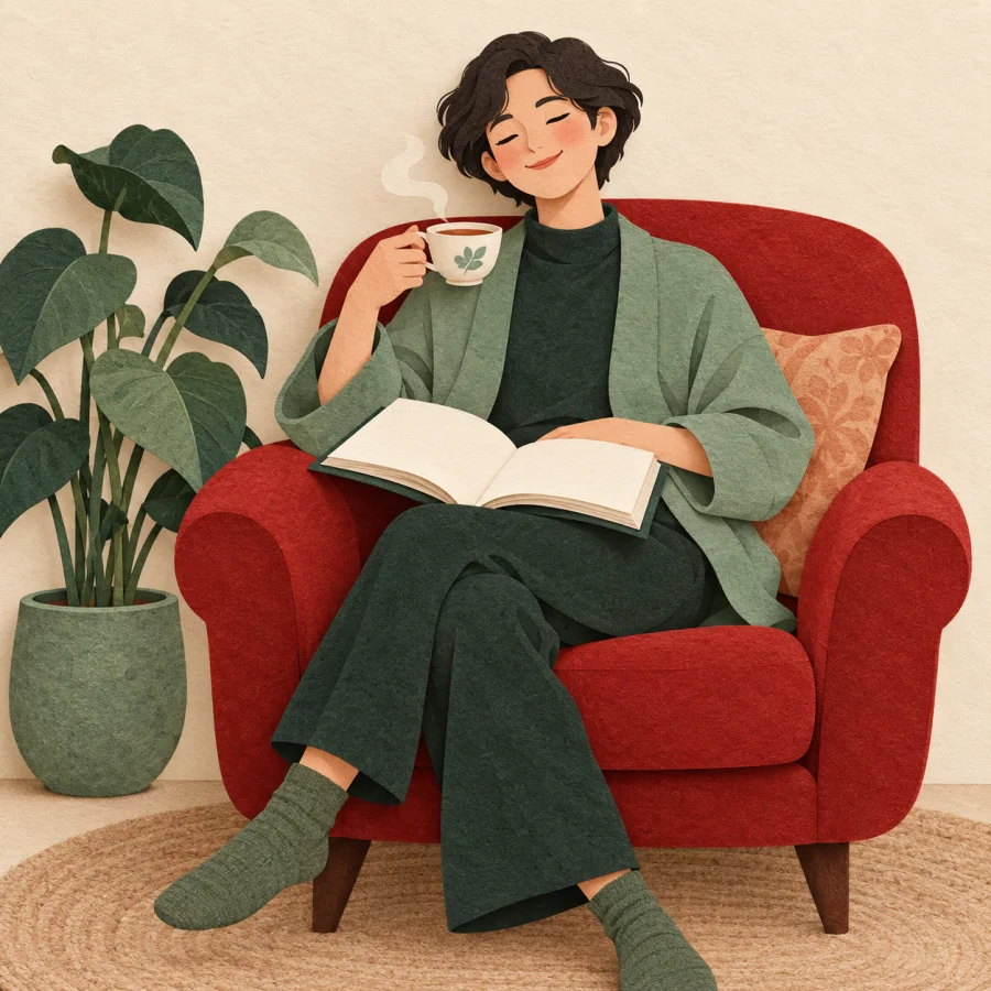 Человек отдыхает в кресле с чаем и книгой