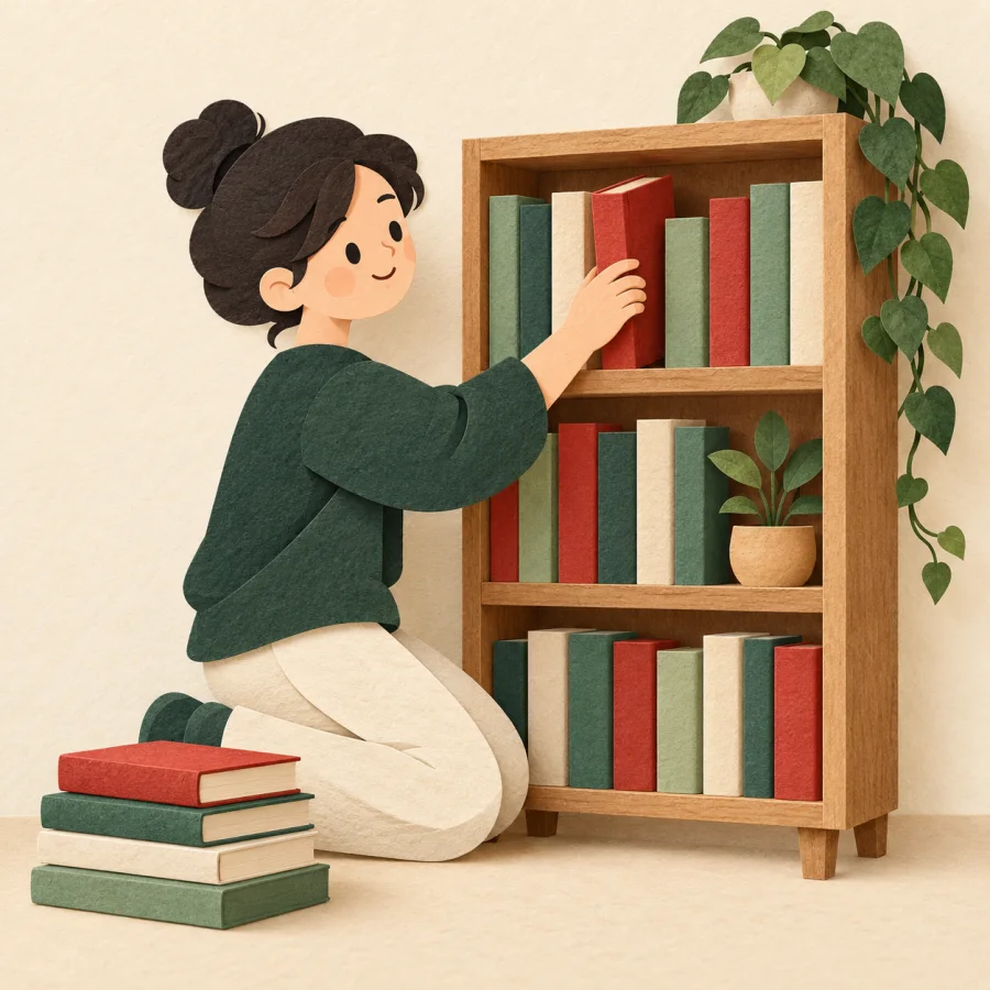 Человек аккуратно расставляет разноцветные книги на полке
