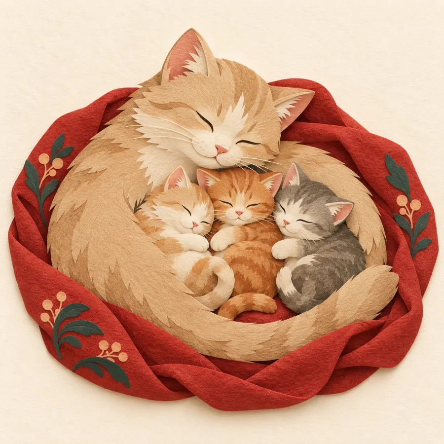 Кошка-мама лежит с тремя котятами
