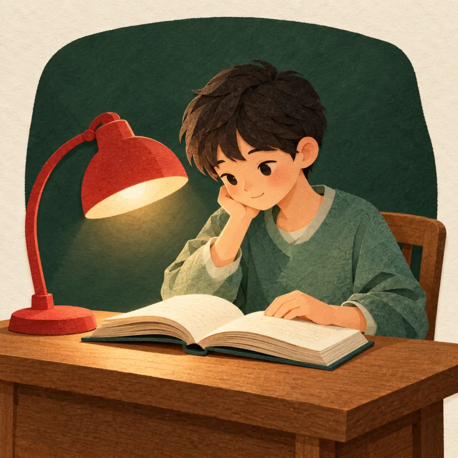 Ученик читает книгу за столом под красной лампой