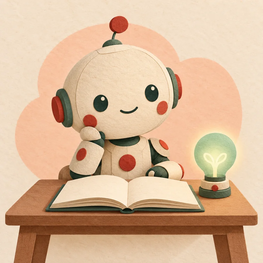 Маленький бумажный робот за столом с книгой