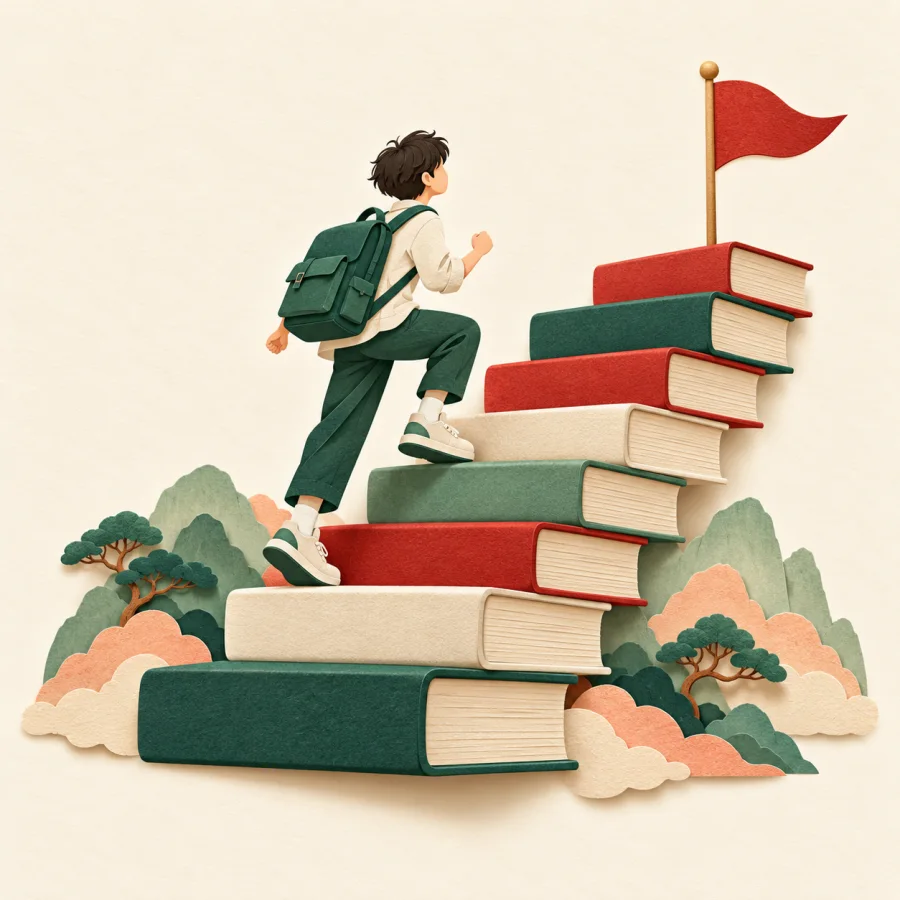 Студент поднимается по лестнице из книг к флажку