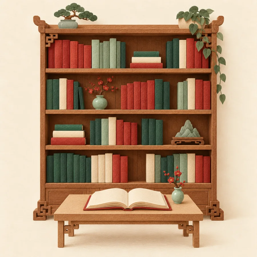 Высокий стеллаж с разноцветными книгами и открытая книга