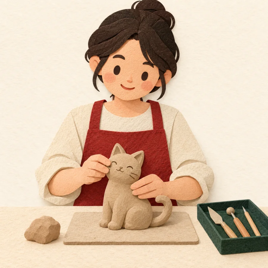 Человек лепит из глины маленькую кошку