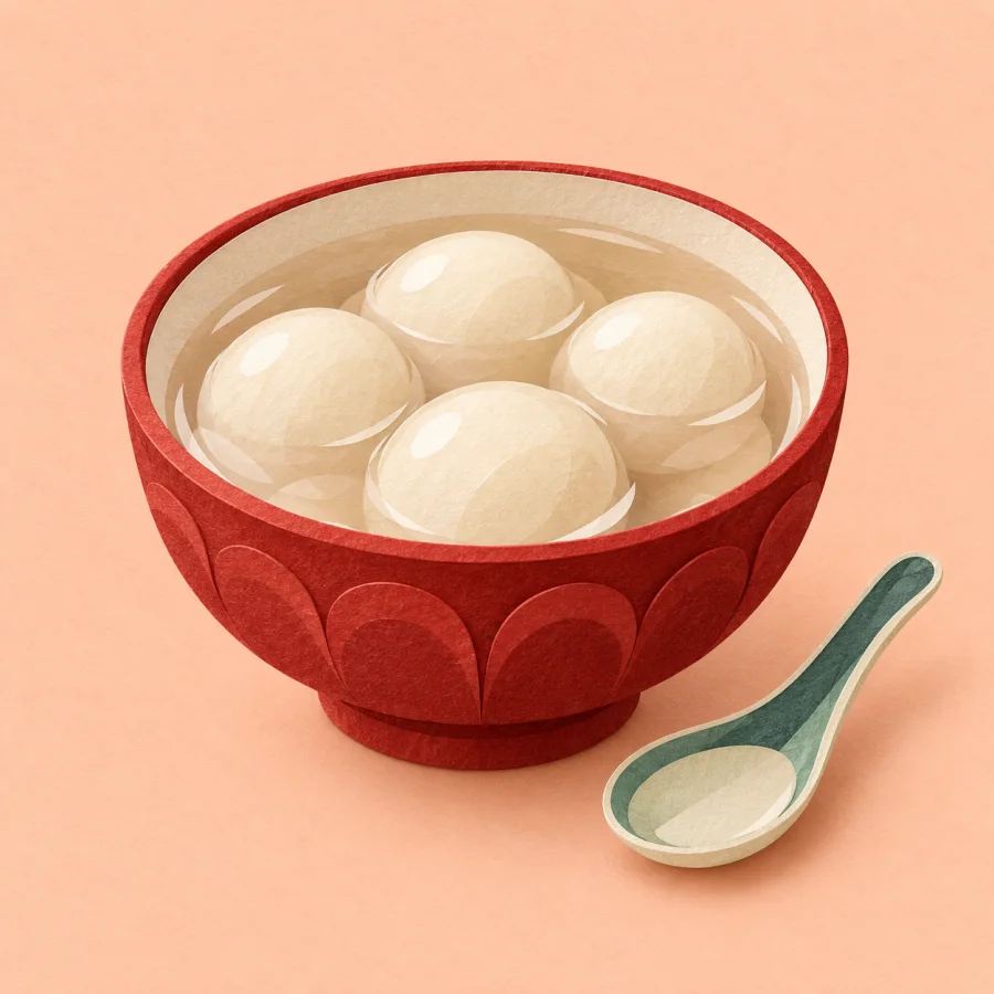 Красная миска с белыми круглыми клёцками