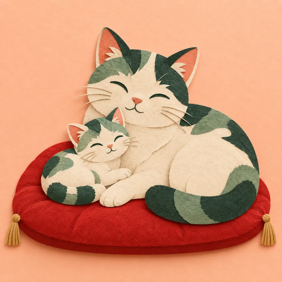 Котёнок прижался к боку большой кошки