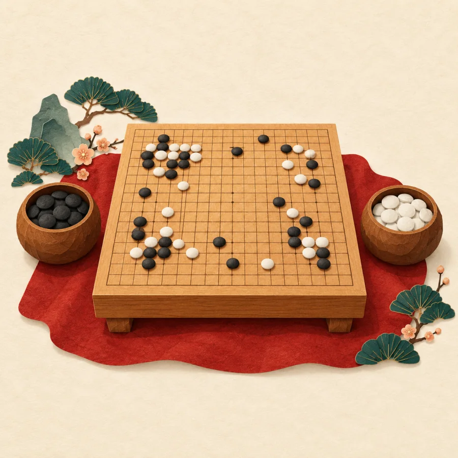 Чёрные и белые камни на деревянной доске для игры