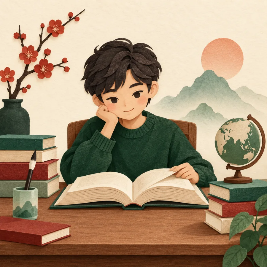 Студент читает толстую книгу среди стопок книг