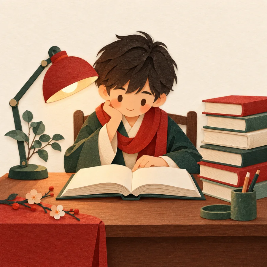 Ученик за столом при лампе, рядом стопка книг