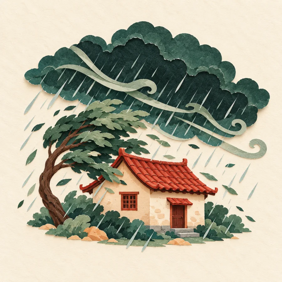 Маленький дом под сильным ветром и дождём