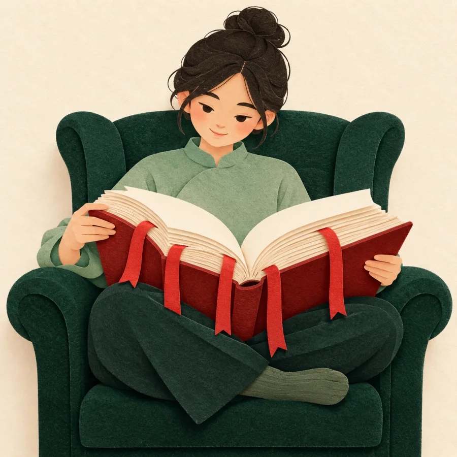 Толстая раскрытая книга с красными закладками-лентами