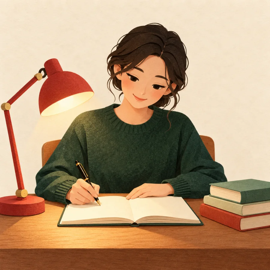 Учитель за столом с лампой, книгами и тетрадью