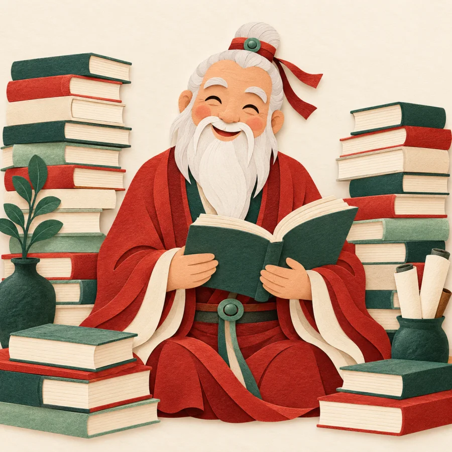 Седой учёный среди высоких стопок книг