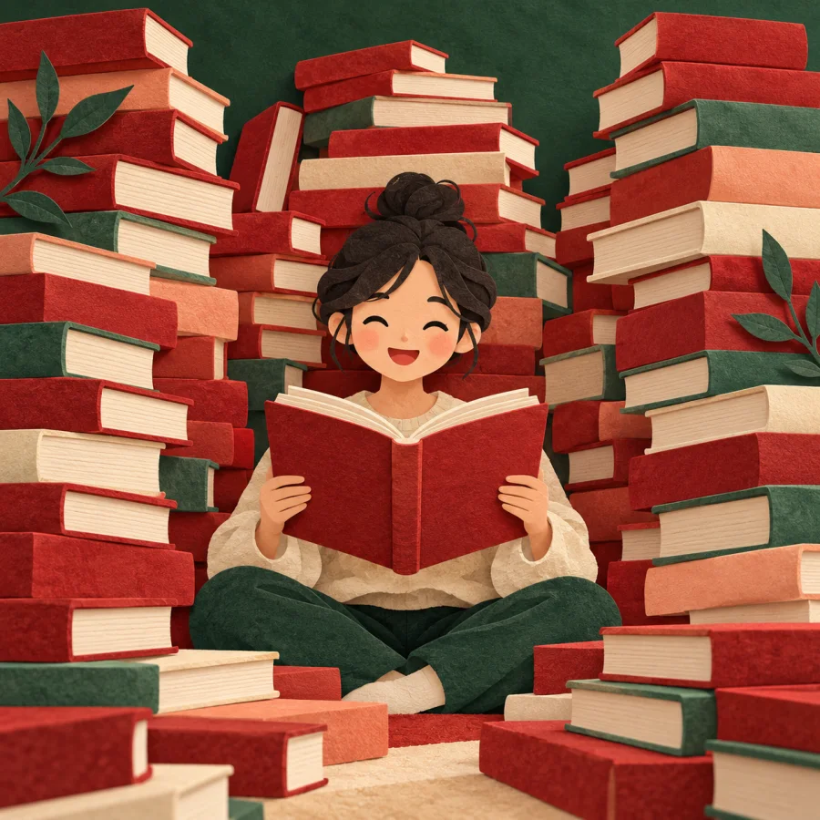 Человек читает среди высоких стопок книг