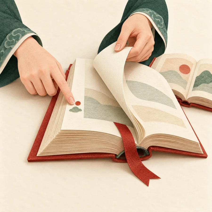 Палец указывает на заметку в раскрытой книге