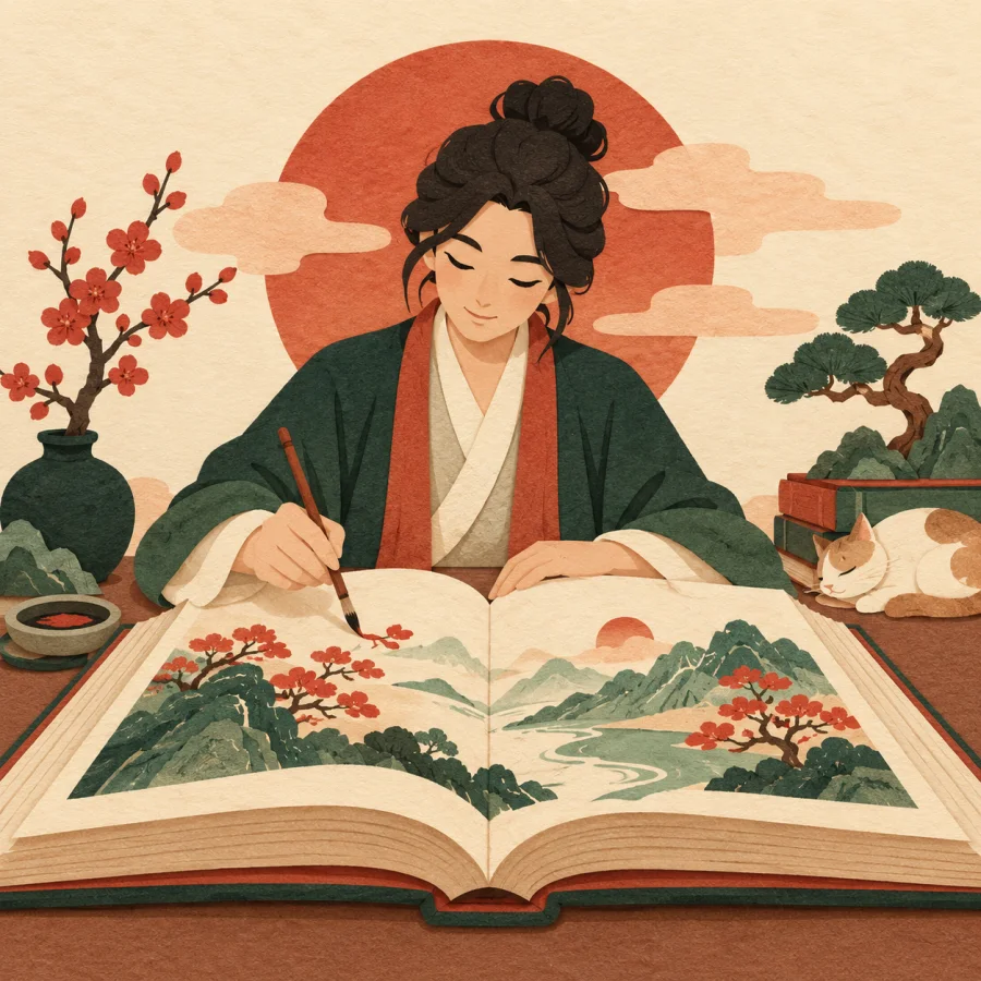 Художник рисует картинку на странице раскрытой книги