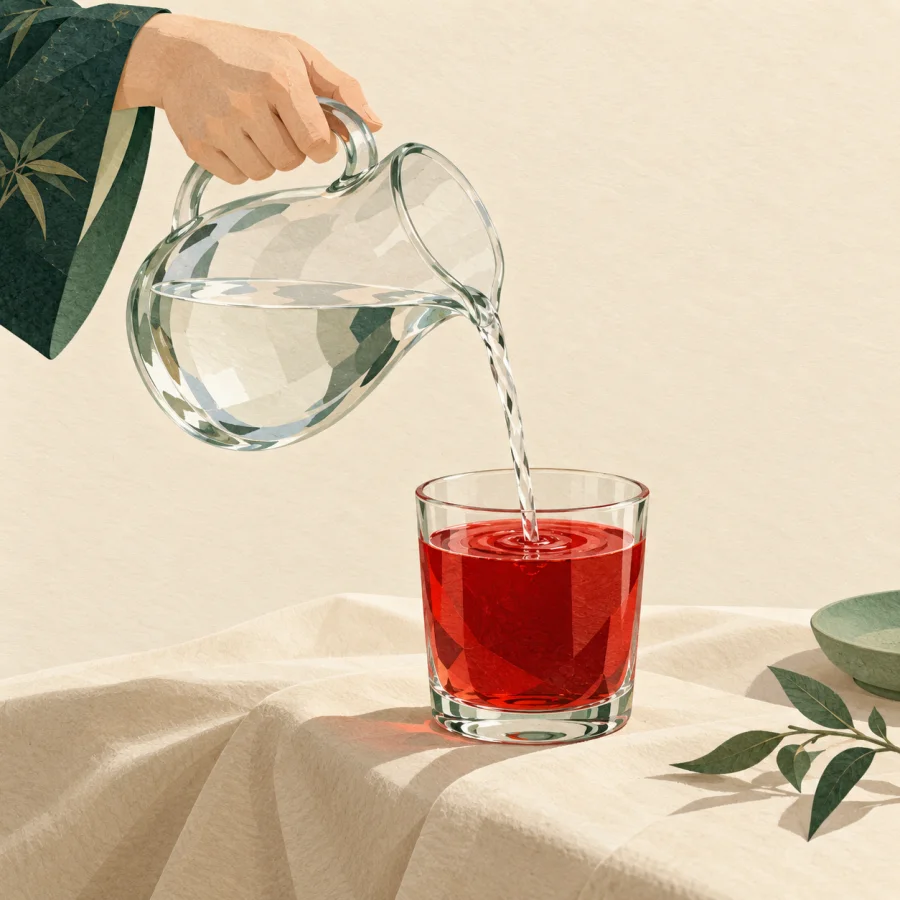 Человек льёт воду из кувшина в стакан сока