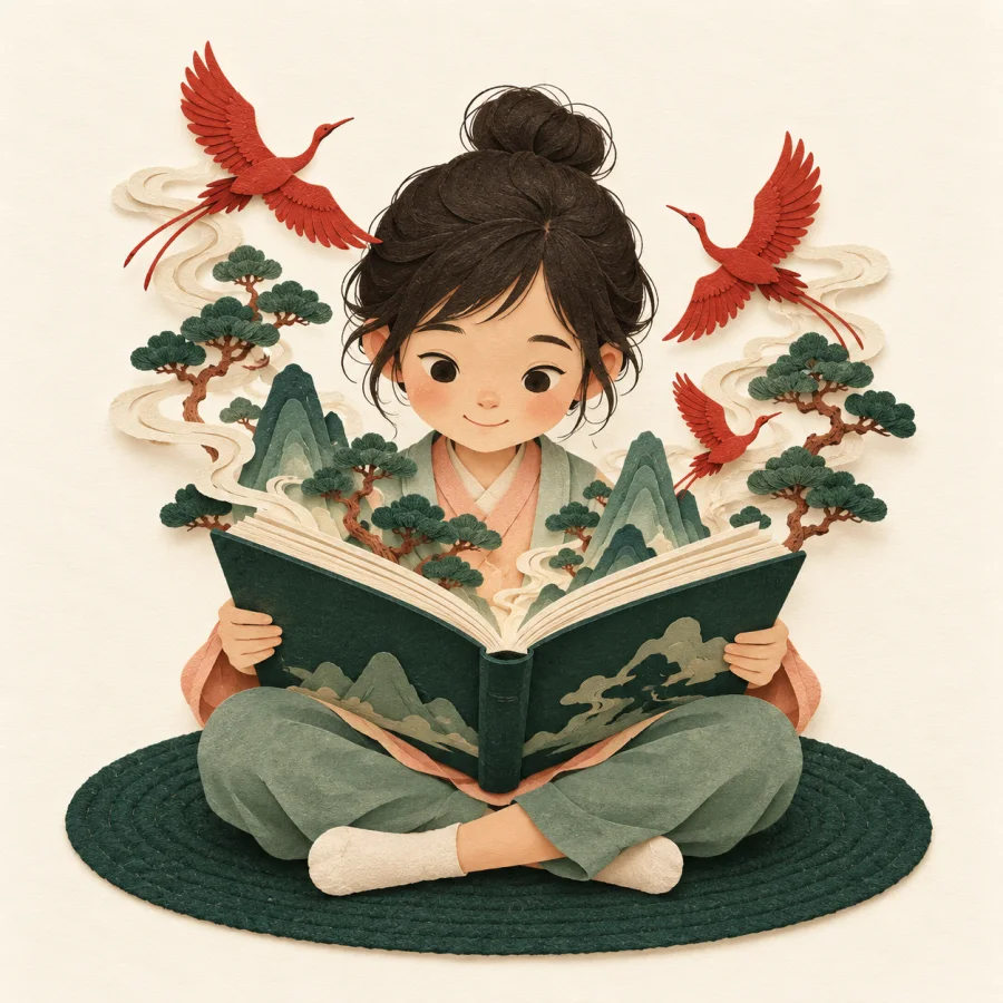 Ребёнок с книгой, из страниц поднимаются птицы и деревья
