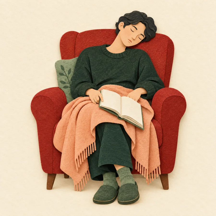 Человек дремлет в кресле, книга выскальзывает из рук
