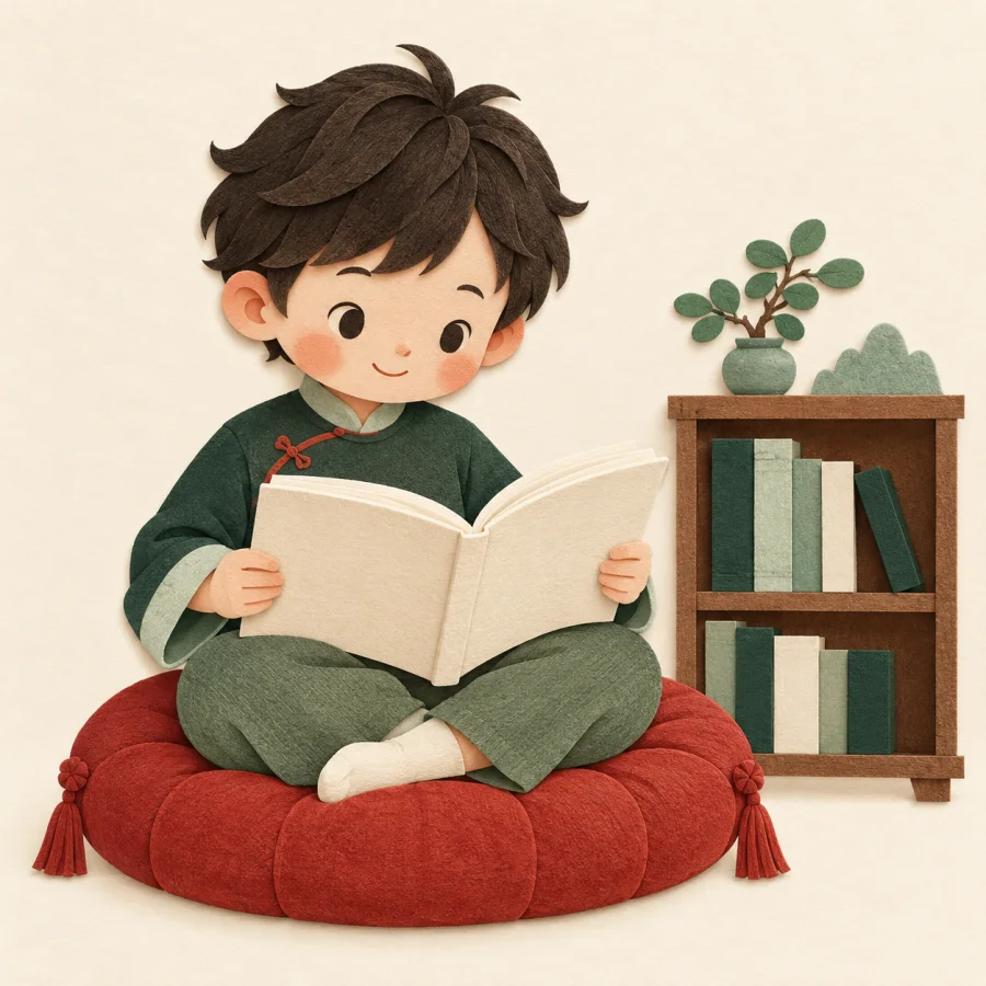 Ребёнок читает книгу на подушке у низкой полки