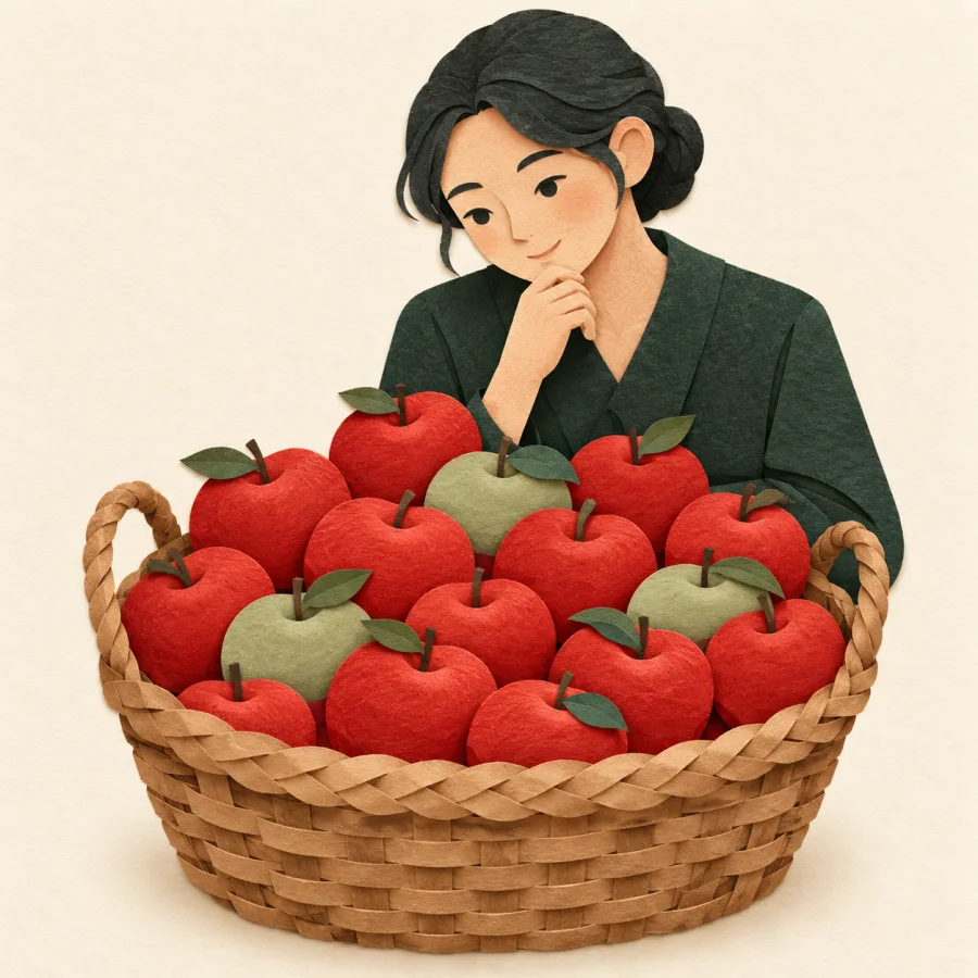 Корзина, где почти все яблоки красные, а несколько зелёных