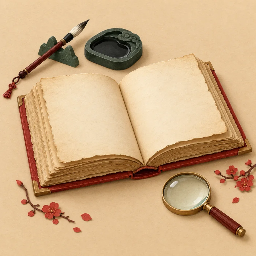 Старая толстая книга с кистью, тушечницей и лупой