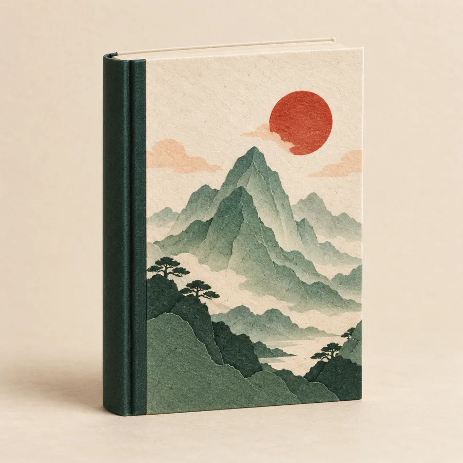 Книга с нарисованной горой и красным солнцем на обложке