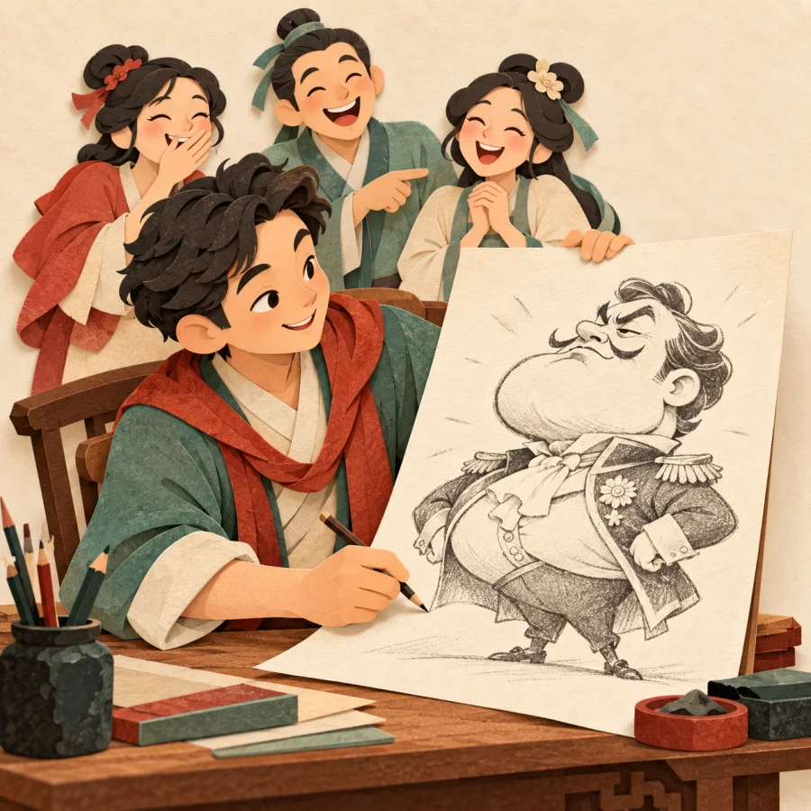 Карикатурист рисует смешного надутого человечка