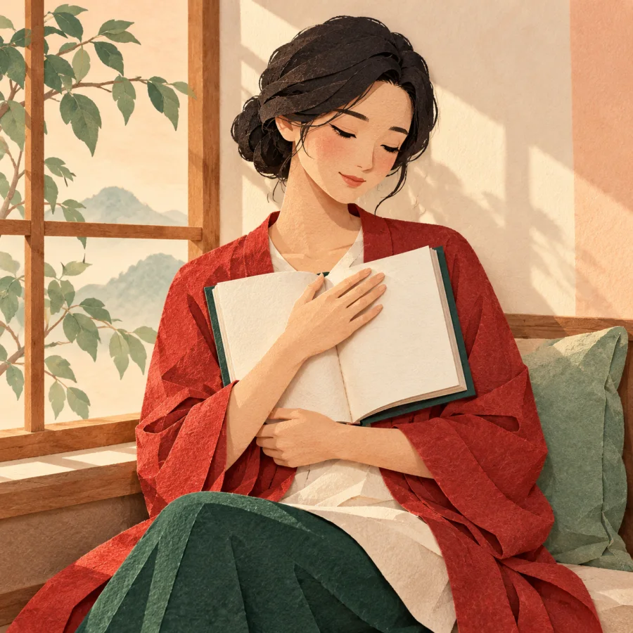Человек с книгой у груди задумчиво смотрит в окно