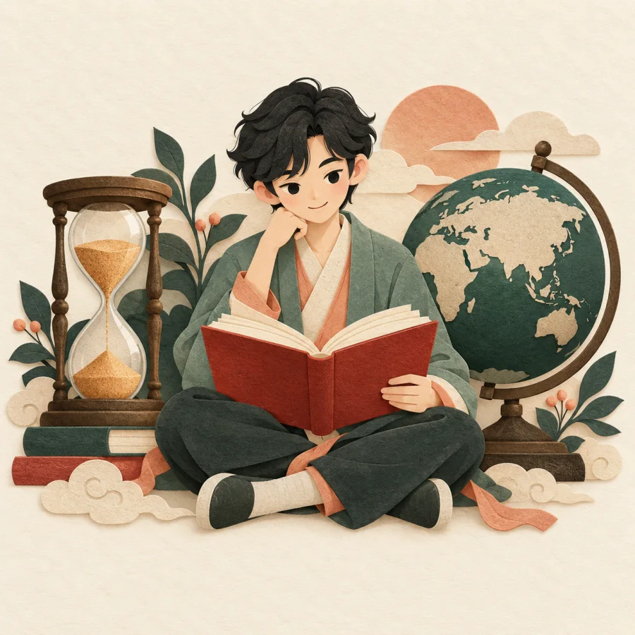 Человек читает книгу между песочными часами и глобусом