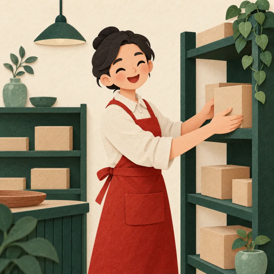 Улыбающийся работник в красном фартуке расставляет коробки